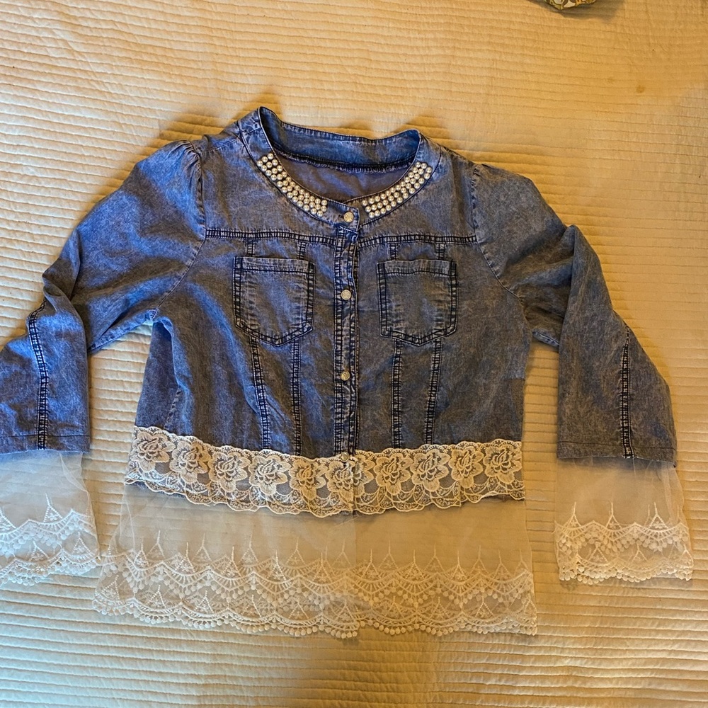 Chambray denim with lace and pearls